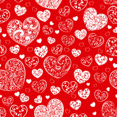 Seamless pattern of hearts, white on red