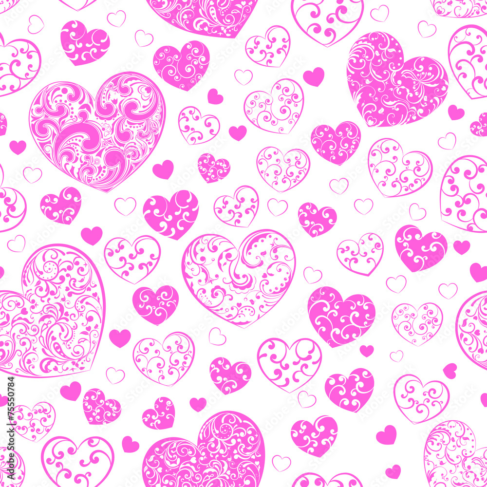 Seamless pattern of hearts, pink on white Seamless pattern of hearts, pink on white
