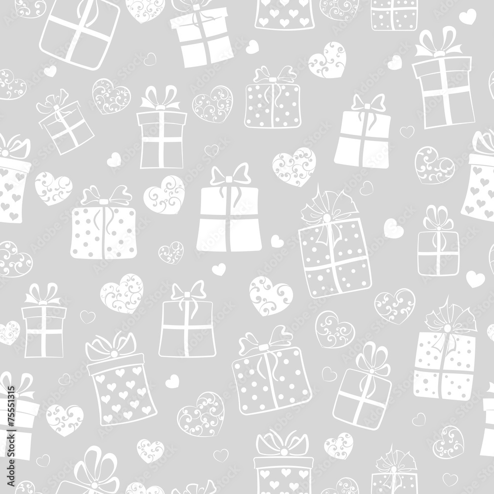 Seamless pattern of hearts and gift boxes, white on gray Seamless pattern of hearts and gift boxes, white on gray