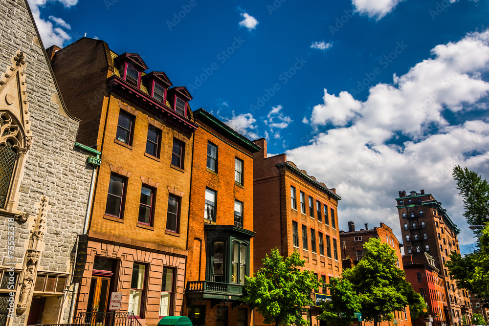 Buildings on Cathedral Street in Baltimore, Maryland.