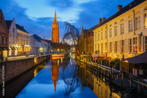 Cityscape with canal Dijver and a Church of Our Lady in Bruges a