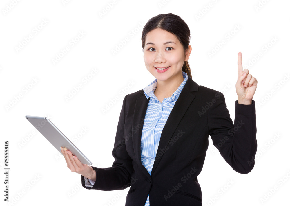 Businesswoman use of tablet and finger up Businesswoman use of tablet and finger up