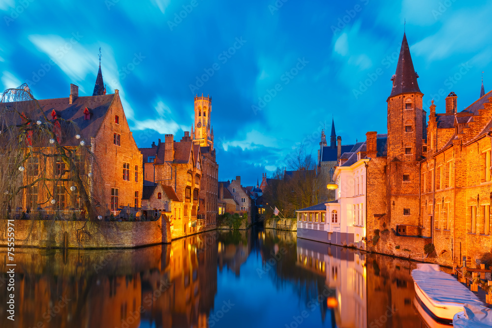 Cityscape with a tower Belfort from Rozenhoedkaai in Bruges at s