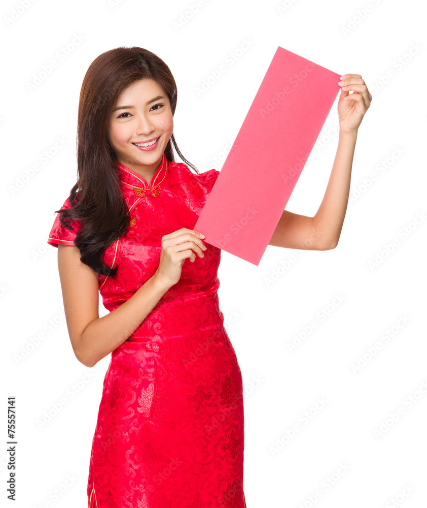 Chinese woman hold with red poster for calligraphy Chinese woman hold with red poster for calligraphy