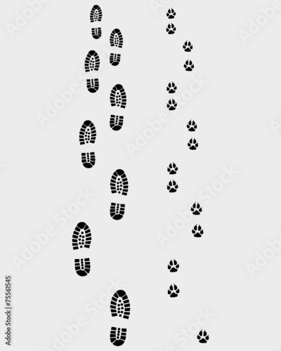 Black footprints of man and dog, vector