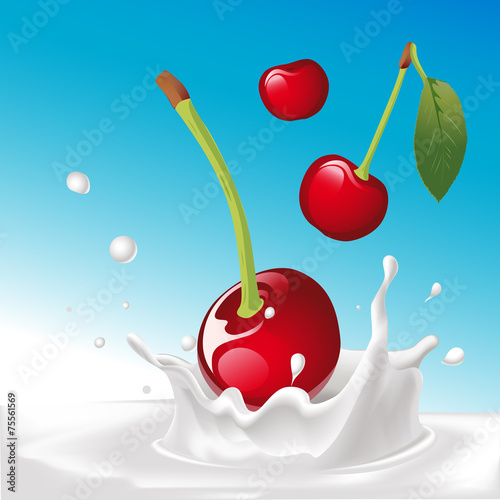 vector splash of milk with cherry - illustration