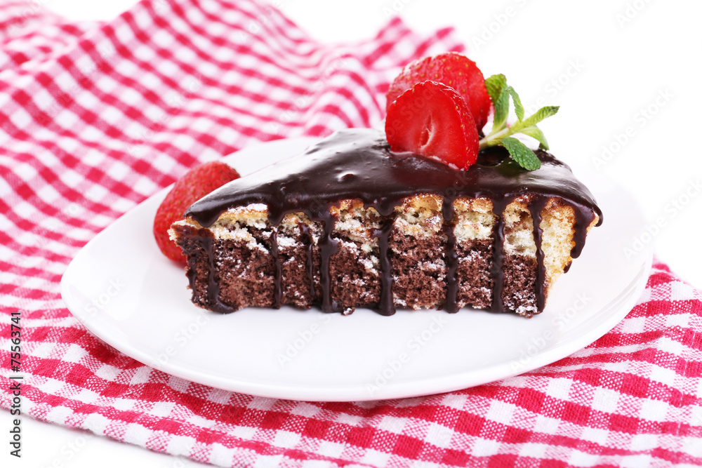 Chocolate cake on napkin, close-up Chocolate cake on napkin, close-up