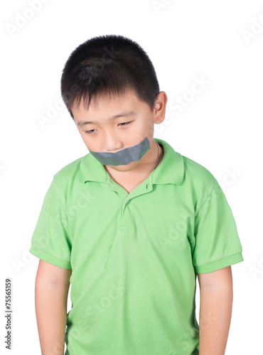 Bilde på lerret ฺฺBoy with wrapping adhesive tape around mouth, rights of child