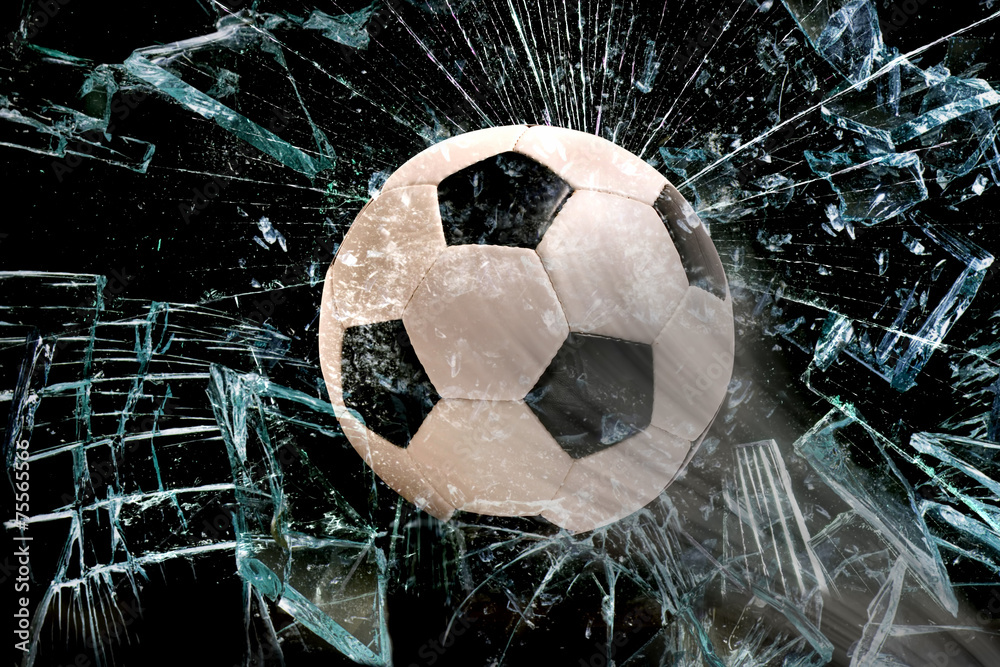 Soccer ball through glass. - obrazy, fototapety, plakaty 
