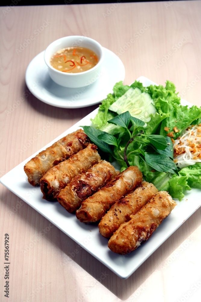 Spring rolls and vegetables. Asian food. Spring rolls and vegetables. Asian food.