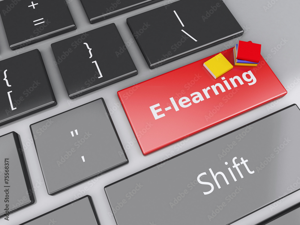 Fototapeta premium 3d books icon on computer keyboard. Education concept.