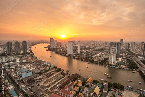 The beautiful sunset over Chao Phraya river of Bangkok the capital cities of Thailand.