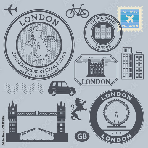 Travel stamps set, London, vector