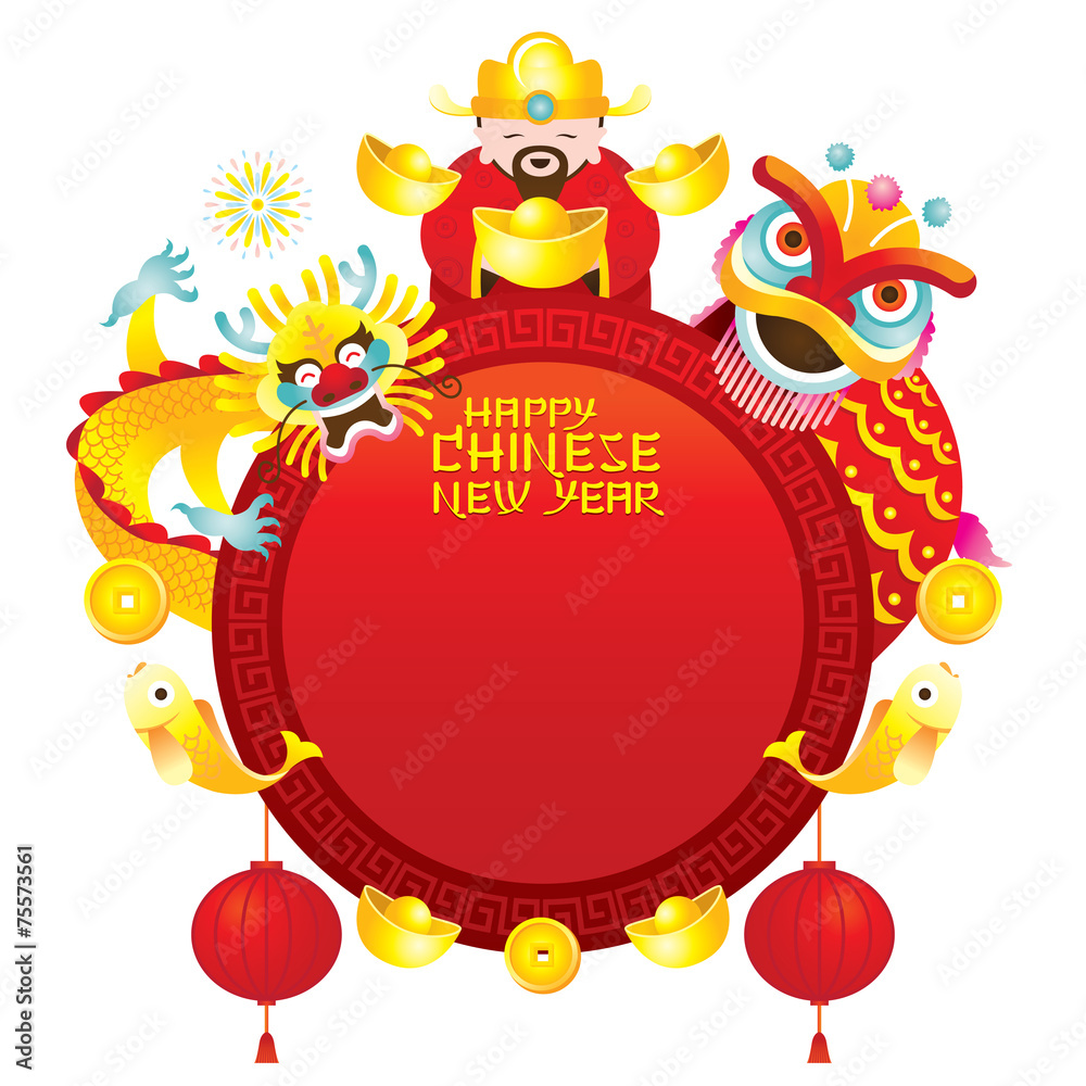 Fototapeta premium Chinese New Year Frame with God Dragon and Lion