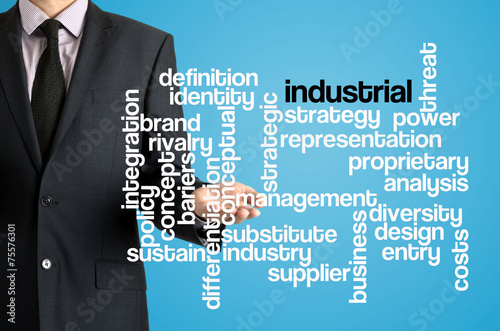 Business man presenting wordcloud related to industrial photo