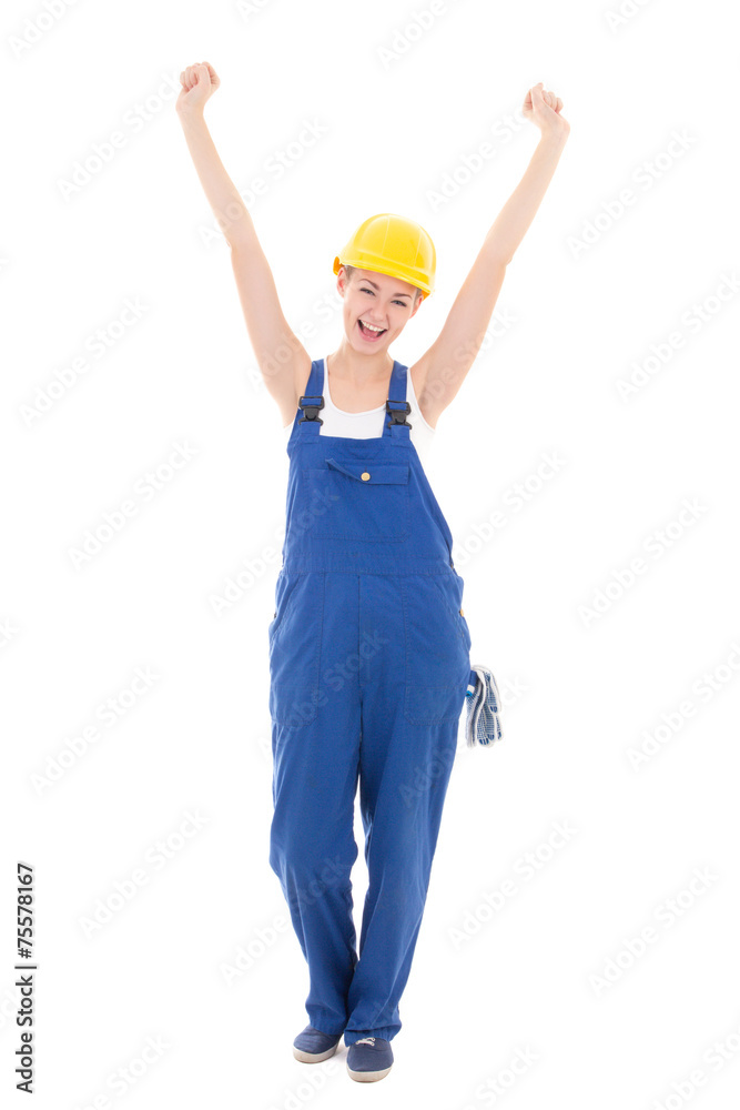 happy woman builder in blue coveralls with hands up isolated on
