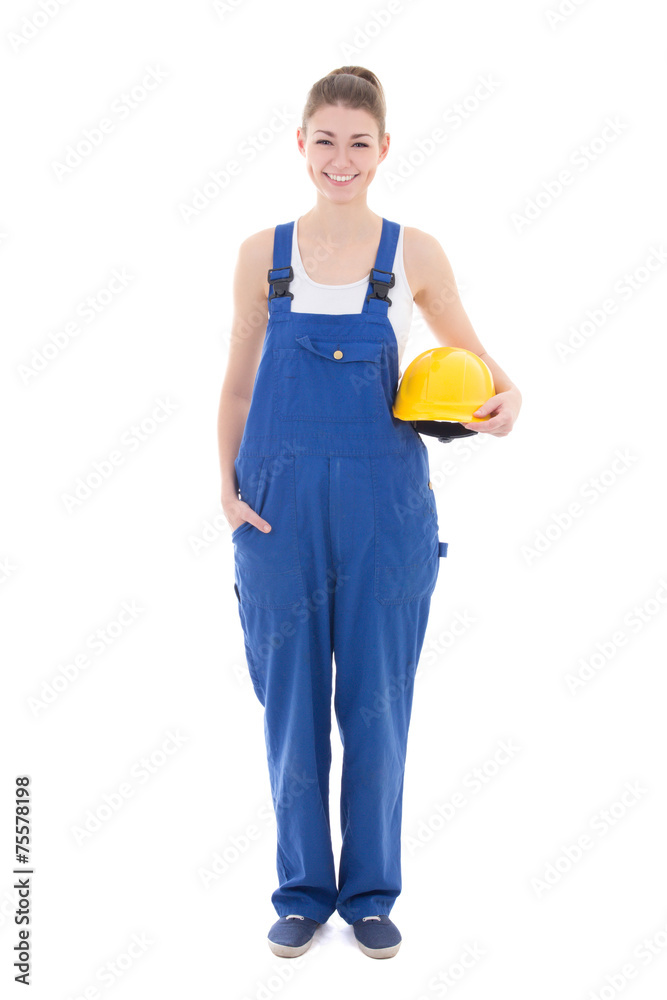 portrait of young attractive woman builder in blue workwear iso portrait of young attractive woman builder in blue workwear iso