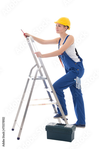 young woman electrician in workwear with toolbox, screwdriver an