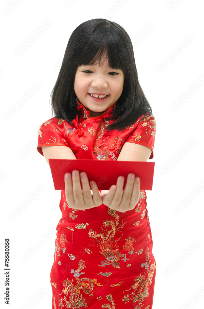 Beautiful asian girl holding ang pow or red packet monetary gift Beautiful asian girl holding ang pow or red packet monetary gift