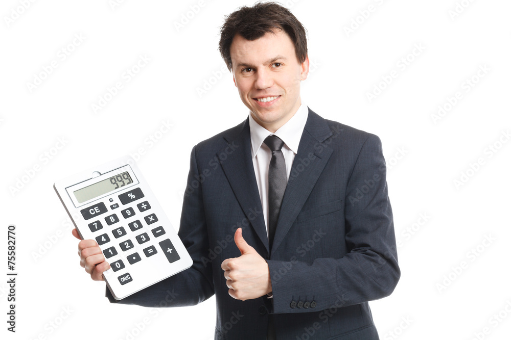 businessman isolated on white with big calculator businessman isolated on white with big calculator