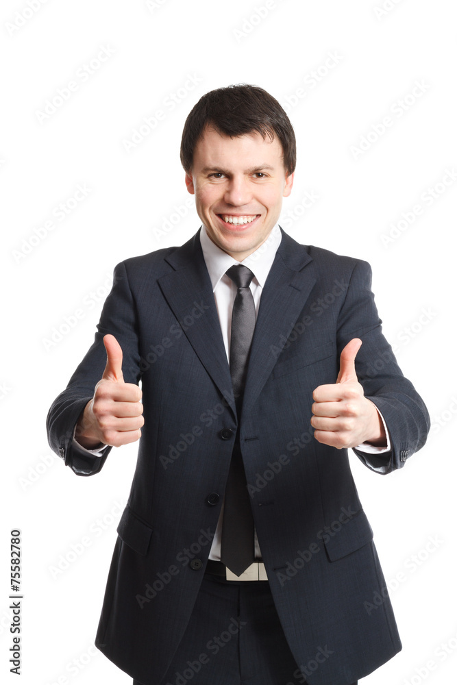 businessman isolated on white shows two thumbups businessman isolated on white shows two thumbups