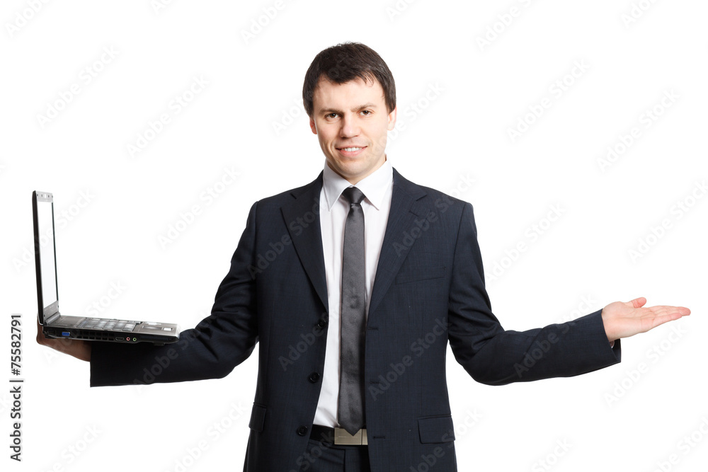 businessman isolated on white with notebook in one hand and noth businessman isolated on white with notebook in one hand and noth