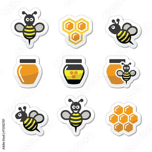 Bee and honey vector icons set