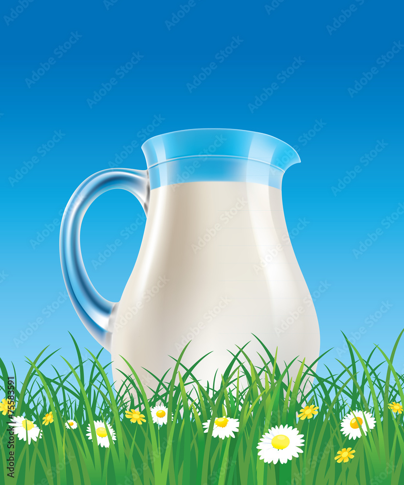 fresh milk jug on grass field with chamomile fresh milk jug on grass field with chamomile