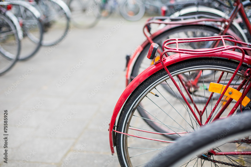 Bike rental service - Many bikes standing in bike stands Bike rental service - Many bikes standing in bike stands