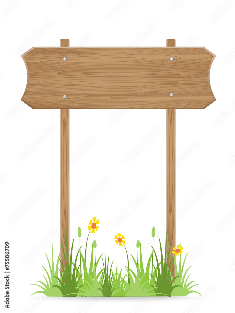 Wooden signpost on grass with flower isolated on white Wooden signpost on grass with flower isolated on white