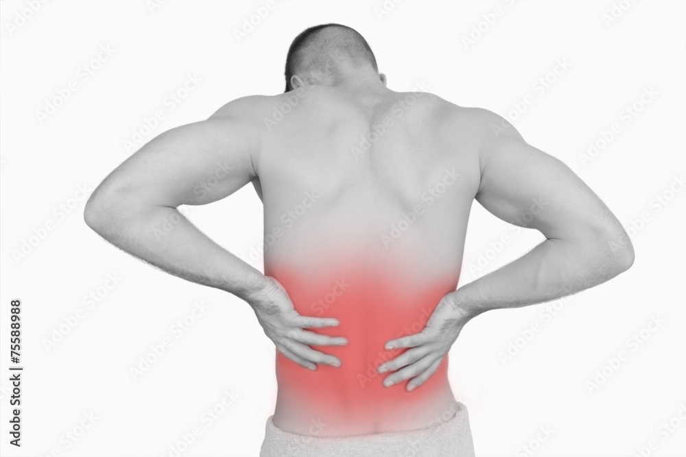 Fototapeta premium Rear view of shirtless man with back pain