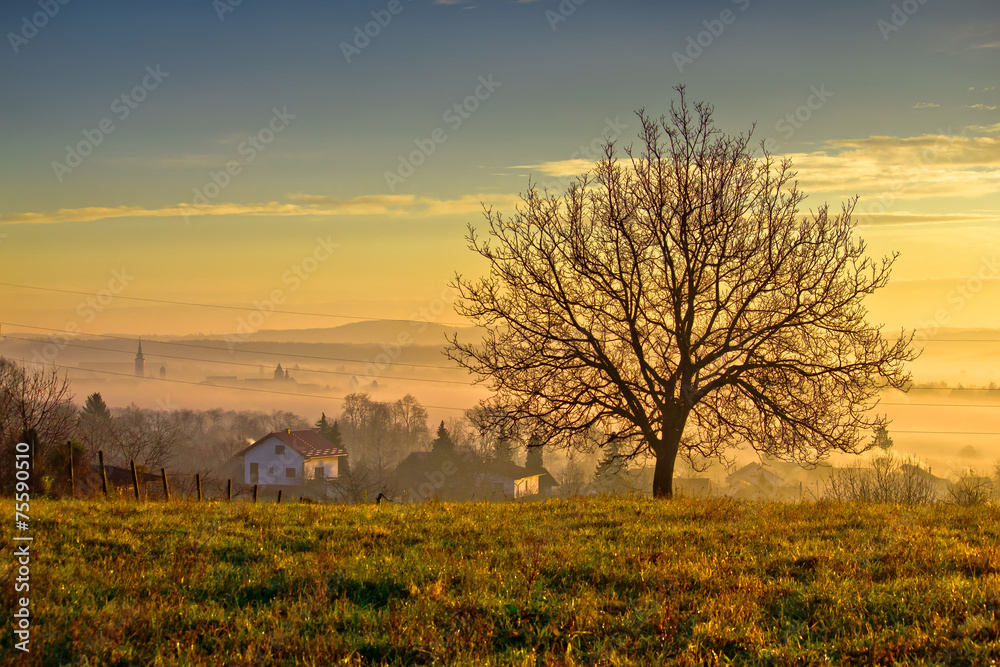 Fototapeta premium Town of Krizevci and landscape in morning fog