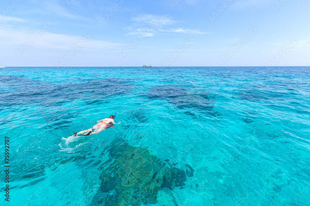 Woman snorkling at Similan Island .Andaman sea thailand, Great f