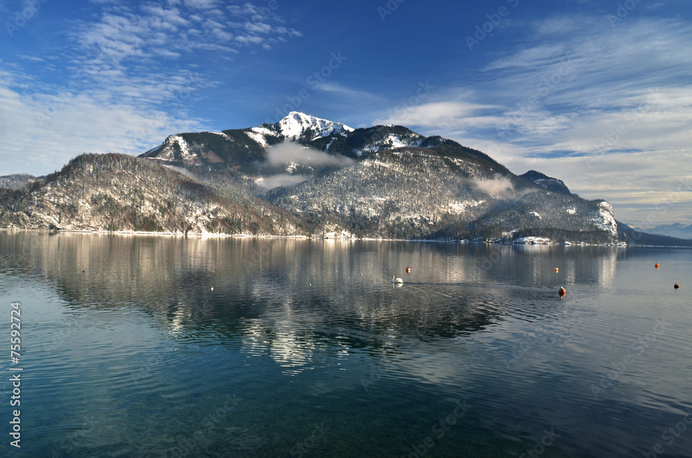Austrian lakes in the winter, snow, mountain reflection