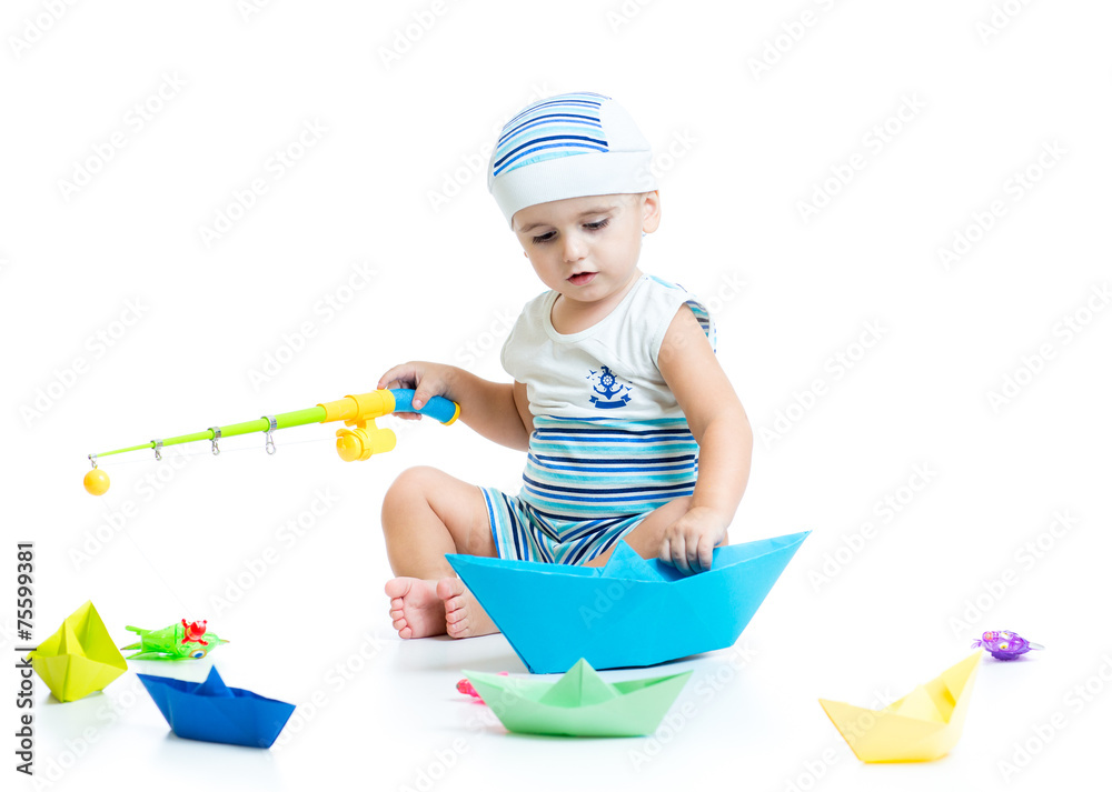 little kid playing and fishing isolated on white little kid playing and fishing isolated on white