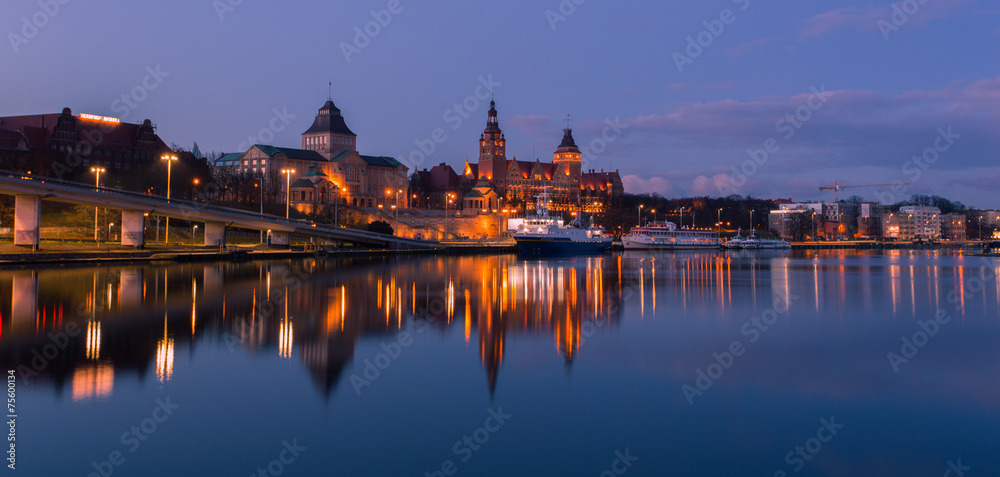 Szczecin | Panorama | by night - obrazy, fototapety, plakaty 