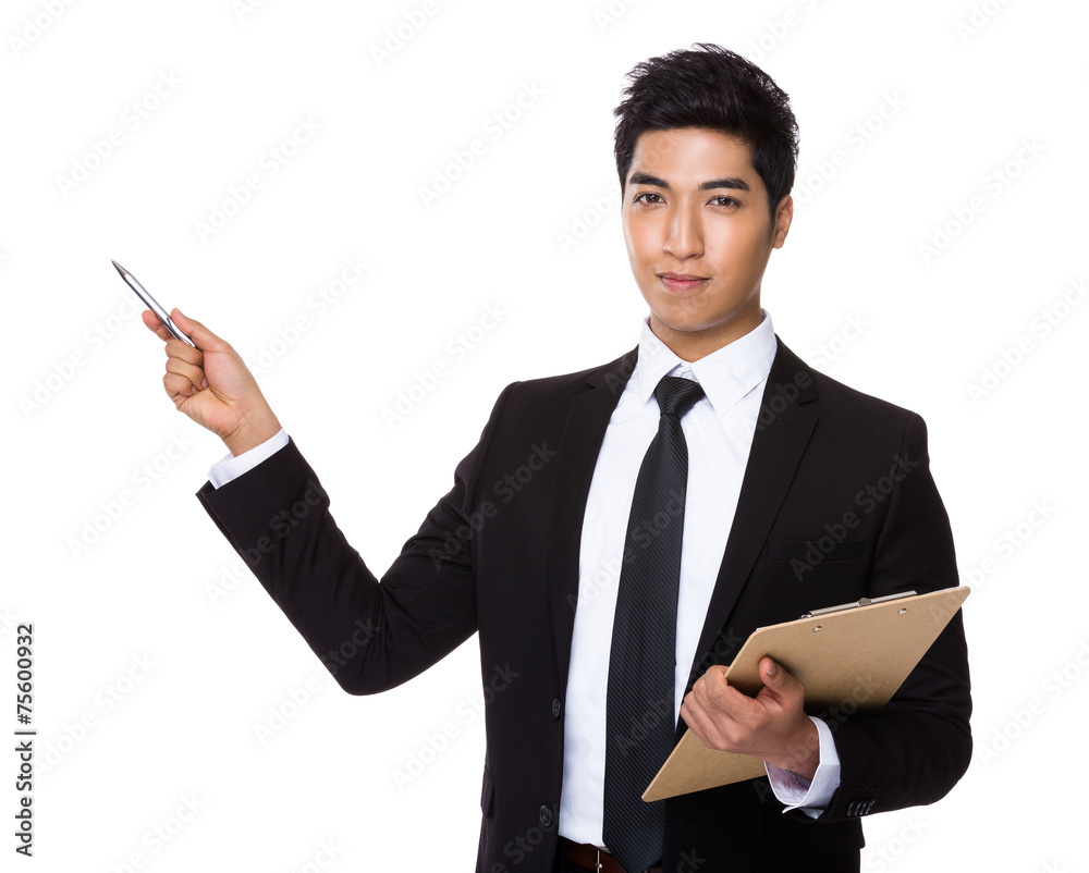 Businessman with clipboard and pen point up Businessman with clipboard and pen point up