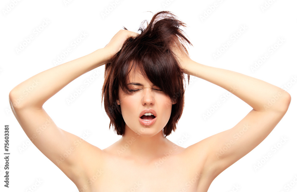 Beautiful Girl Touching Her Face. Isolated on a White Background Beautiful Girl Touching Her Face. Isolated on a White Background
