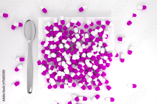 large pile of purple colored pills on white plate