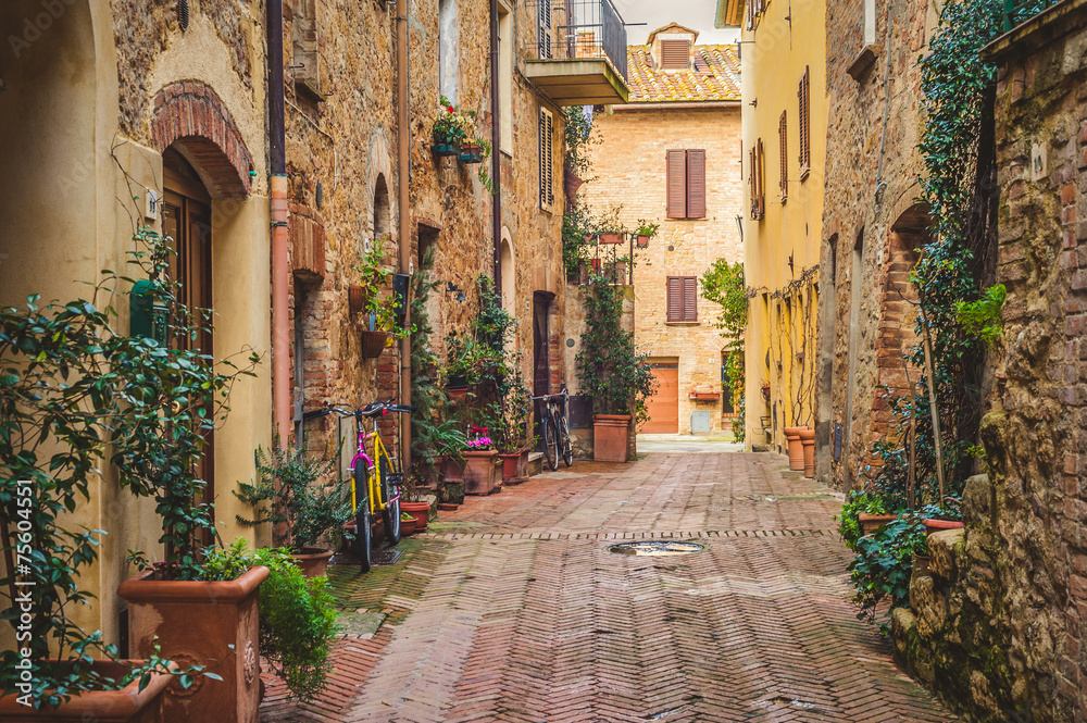Street in old mediaeval town in Tuscany, Pienza.