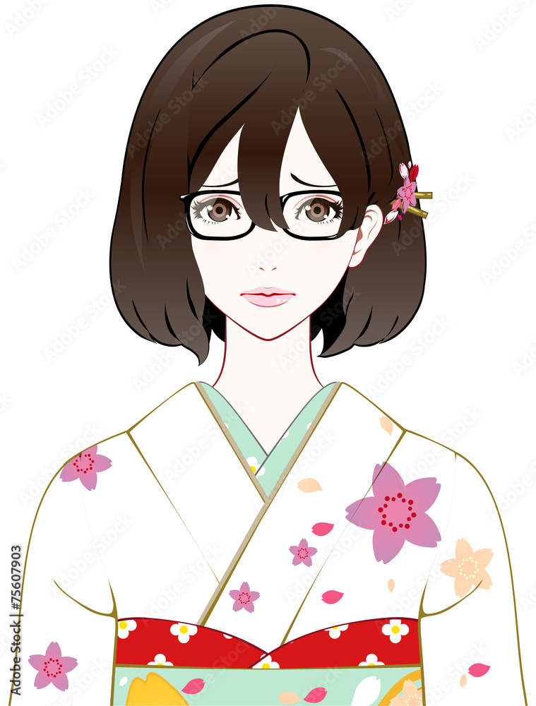 眼鏡の着物女性 困り顔 眼鏡の着物女性 困り顔