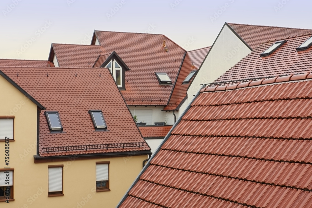 Modern red roofs with windows in Germany. Modern red roofs with windows in Germany.