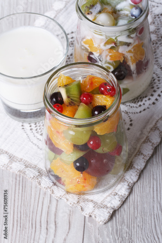 fresh fruit with yogurt in a glass jar vertical top view