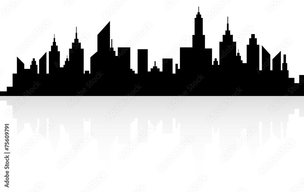 Modern City Skyline Silhouette On White With Reflection