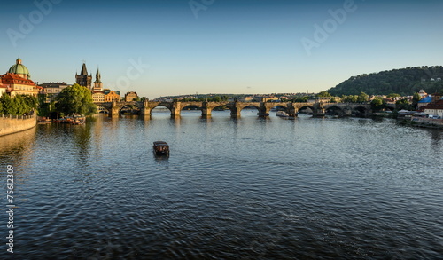 Vltava river and a Charles Bridge in Prague ,Czech Republic