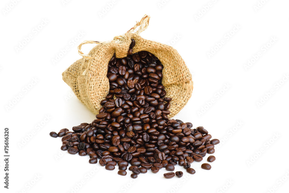 coffee bean in sack bag on white background