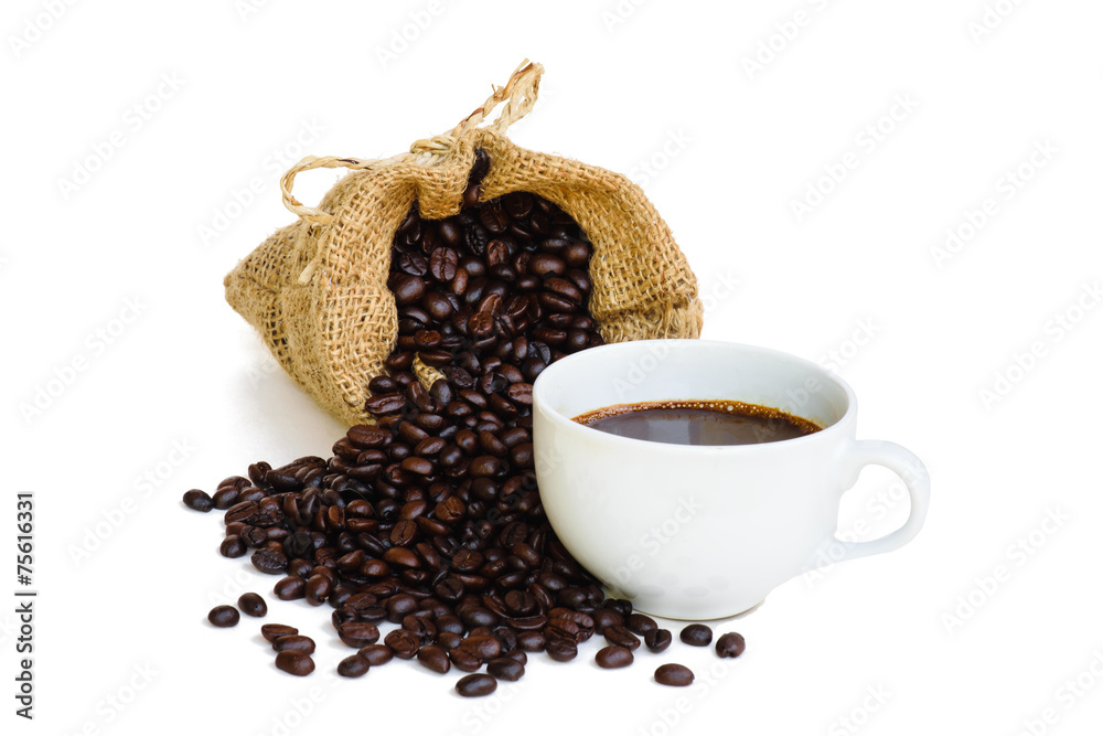 coffee bean in sack bag and hot coffee on white background