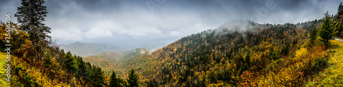 Panorama of Mountains in Fall with Fog