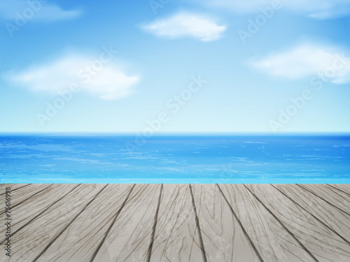 wooden floor with beautiful ocean and blue sky