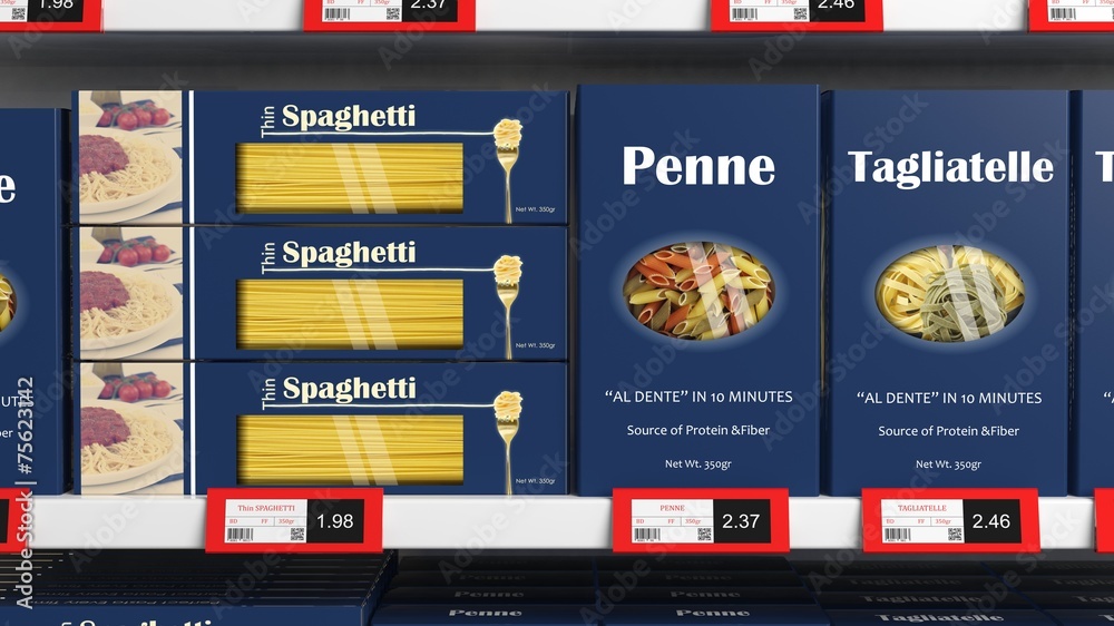 Various 3D pasta boxes on supermarket shelve